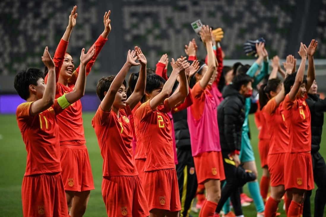 China’s women’s football team celebrate qualifying for the Tokyo 2020 Olympic Games. Photo: AFP