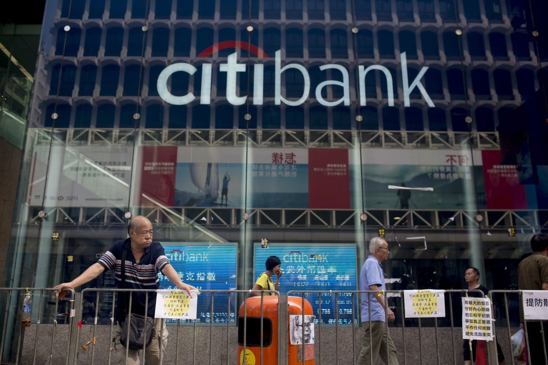 A Citibank branch on Nathan Road in the Mong Kok area of Hong Kong on Wednesday, October 22, 2014. Photo: Bloomberg