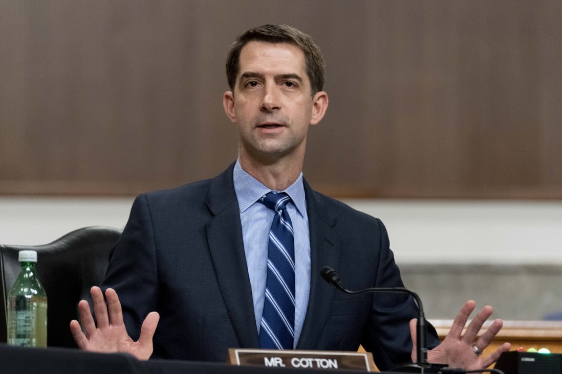 US Senator Tom Cotton of Arkansas, seen here on March 25, has called for additional restriction on China’s access to American technology by requiring companies to a license to export electronic design automation chip-making tools. Photo: EPA-EFE