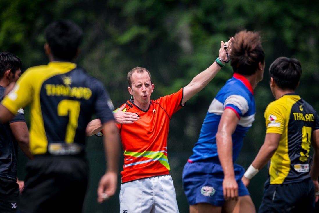 Matt Rodden referees an Asia Rugby Under 20 Sevens match in Hong Kong. Photo CWH