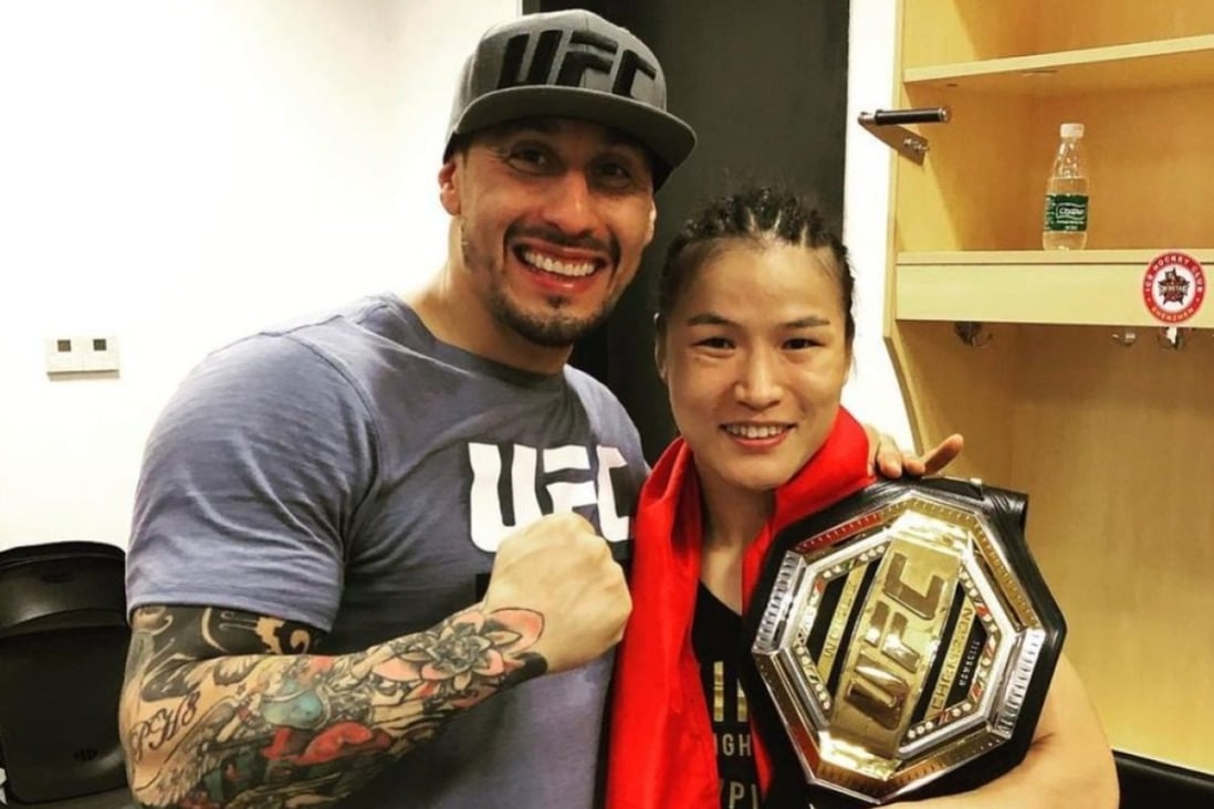 Ruben Payan Jnr (left) with UFC strawweight champ Zhang Weili after she won the title from Jessica Andrade in Shenzhen. Photos: Handout