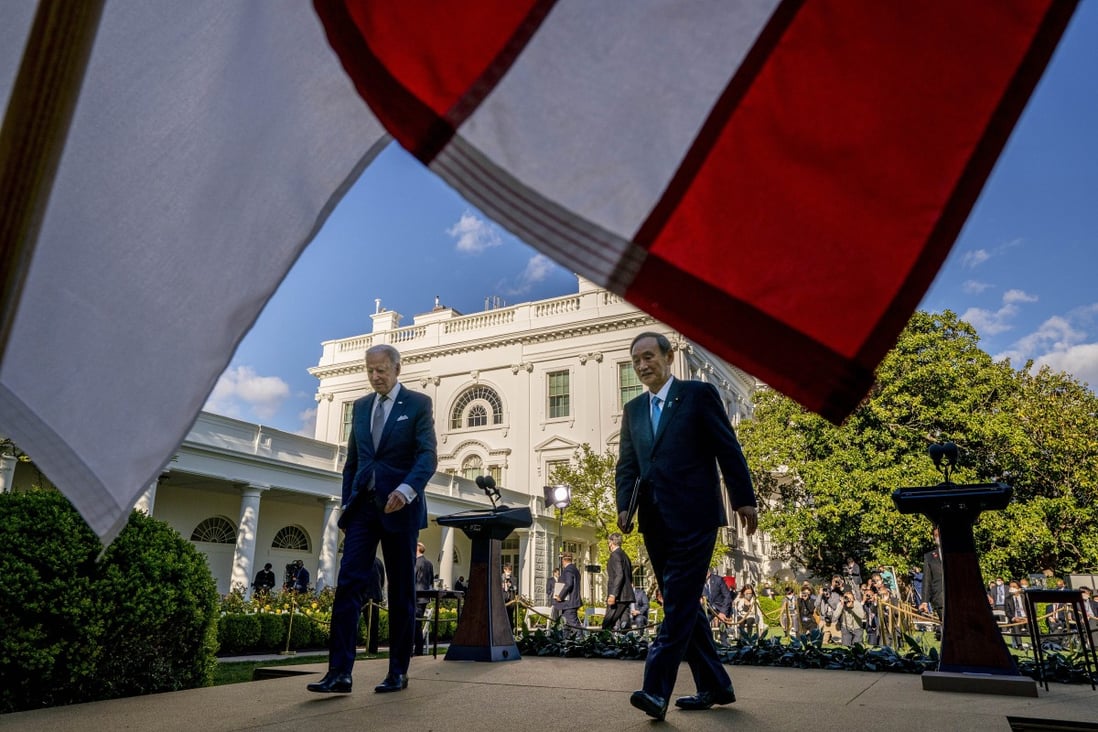 President Joe Biden and Japanese Prime Minister Yoshihide Suga leave a news conference in the Rose Garden of the White House. Photo: AP