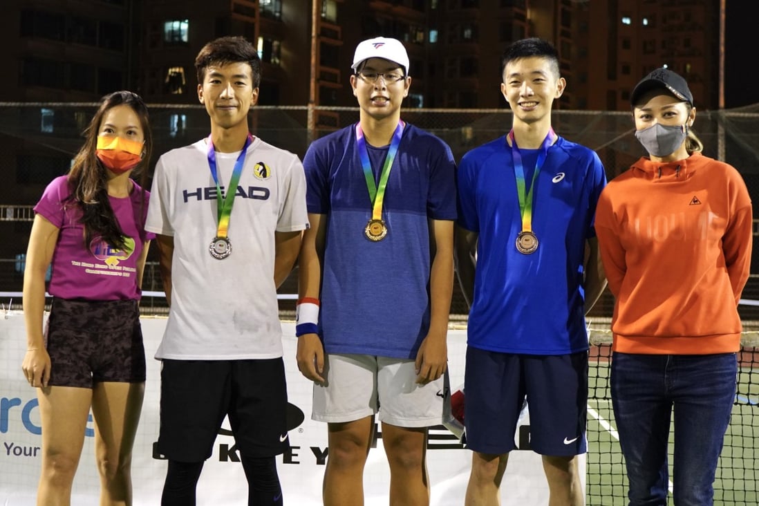Vincent Chau, Etienne Lee and Martin Ng, winged by tournament director Venise Chan and ambassador Cindy Lee, are the winners from the inaugural Hong Kong Open Pickleball Championships. Photo: Kenneth Tjon