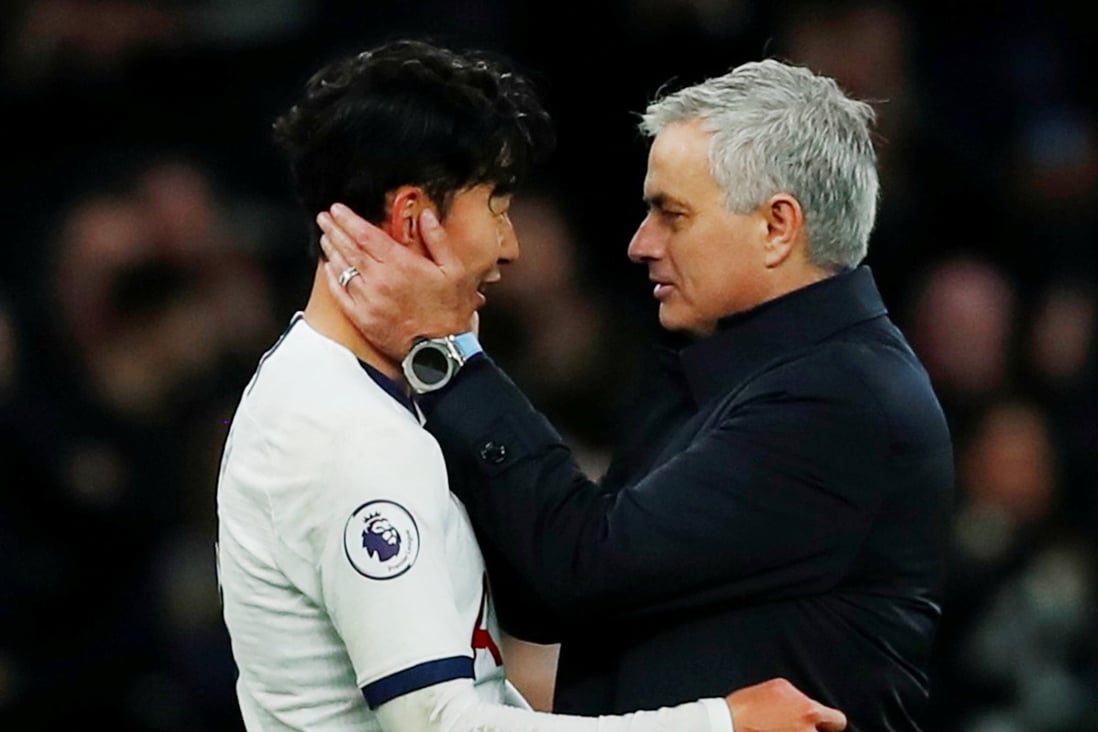 Tottenham Hotspur manager Jose Mourinho and Son Heung-min celebrate after beating Burnley in the English Premier League in December 2019. Son’s goal in the game was later given Fifa’s Puskas Award. Photo: Reuters