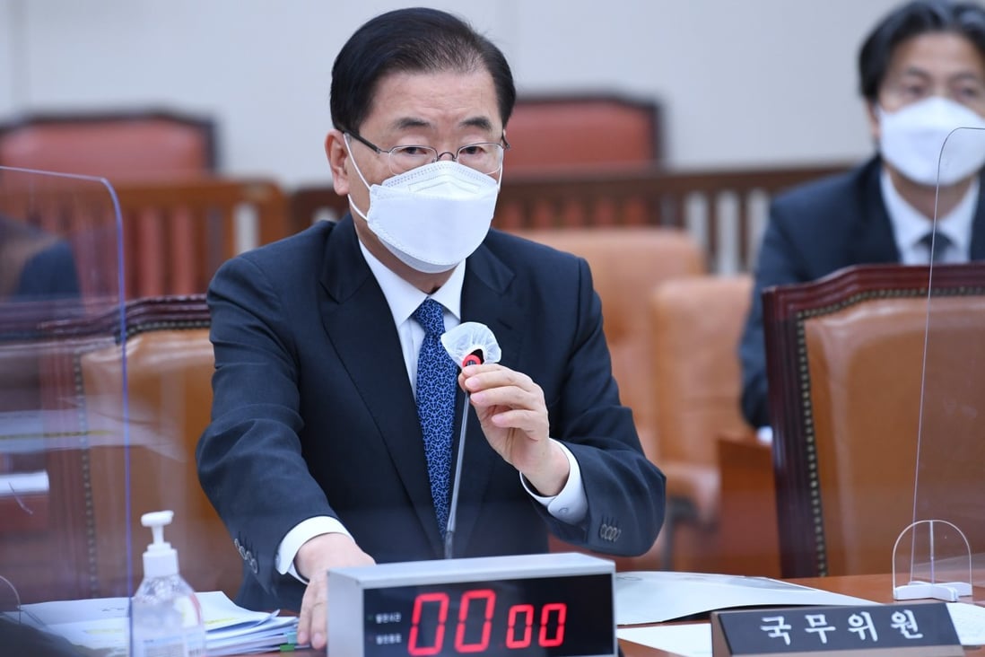 South Korean Foreign Minister Chung Eui-yong answers questions in the National Assembly on Tuesday over Japan’s decision to release radioactive water from the crippled Fukushima nuclear power plant. Photo: EPA-EFE