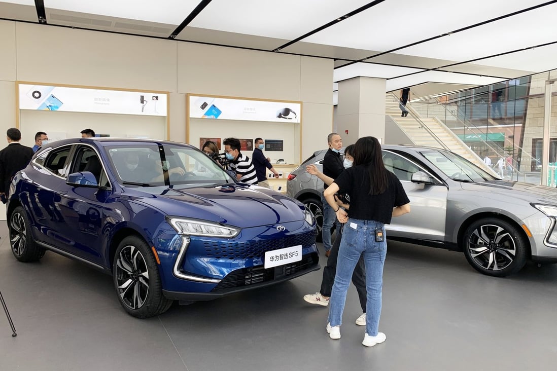Chinese telecoms equipment maker Huawei is selling smart cars at its Shenzhen store, April 2021. Photo: SCMP/ Celia Chen