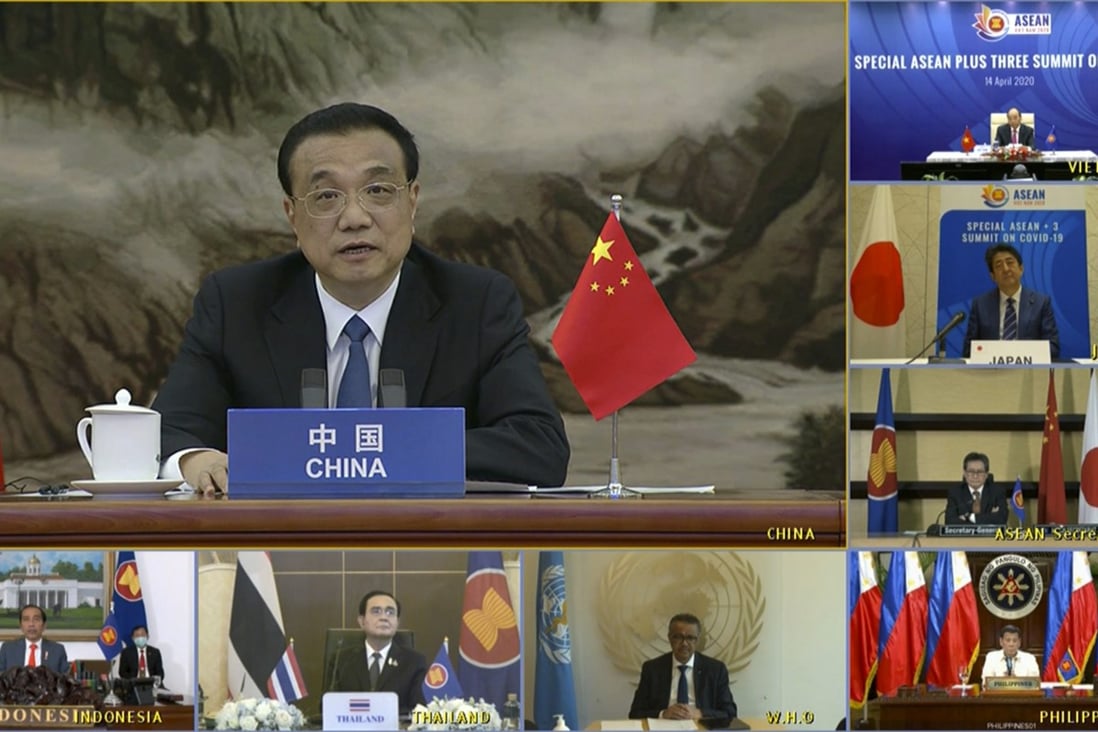 Chinese Premier Li Keqiang speaks at the Asean Plus Three virtual summit on April 14, 2020. Photo: VTV via AP