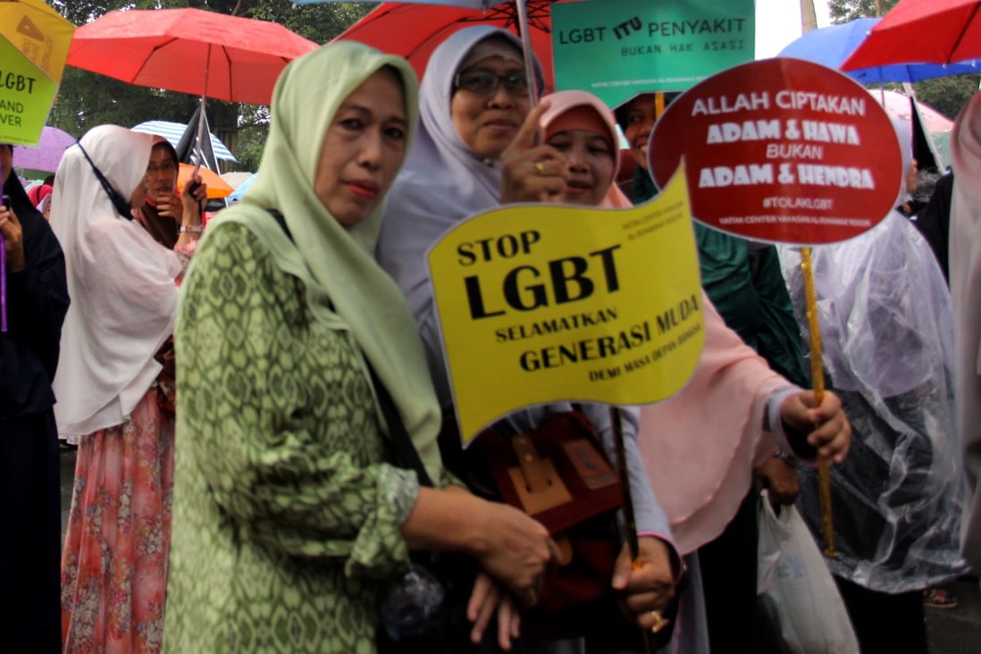 Anti-LGBT demonstrators marching in Bogor, outside the capital Jakarta. File photo: AFP 