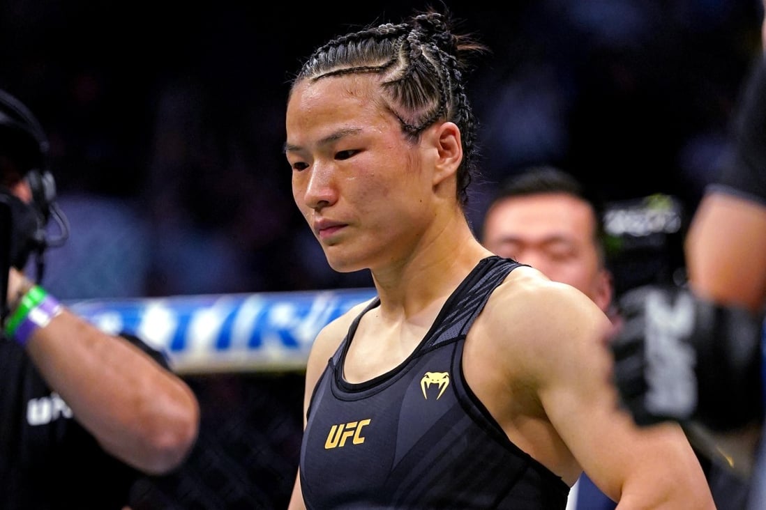Zhang Weili reacts after loosing to Rose Namajunas at UFC 261. Photo: Jasen Vinlove/USA TODAY Sports