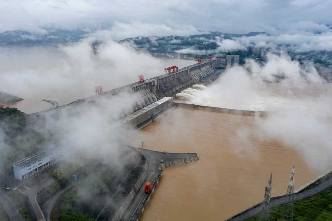 Aerial photo of the Three Gorges Dam opening the floodgates to discharge the floodwater on the Yangtze River in central China’s Hubei Province on July 18, 2020. Photo: Xinhua