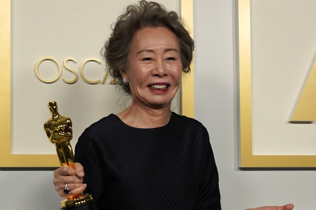 Youn Yuh-jung, winner of best actress in a supporting role for Minari, poses in the press room at the 93rd annual Academy Awards ceremony at Union Station in Los Angeles – where her unguarded interview touched hearts around the world. Photo: EPA-EFE