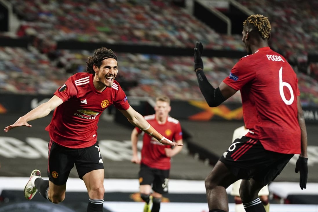 Manchester United’s Edinson Cavani celebrates after scoring his side’s third goal during the Europa League semi final, first leg against Roma at Old Trafford. Photo: AP