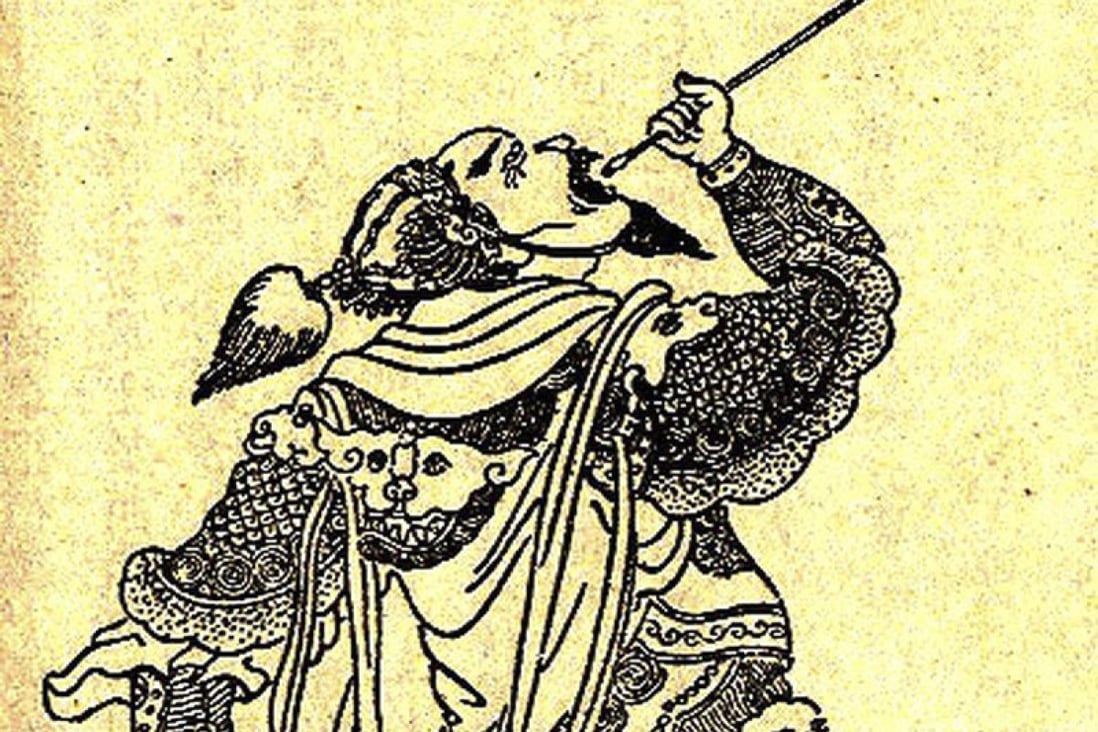 A Qing dynasty illustration of Chinese general Xiahou Dun swallowing his eyeball after it was shot by an arrow during battle.