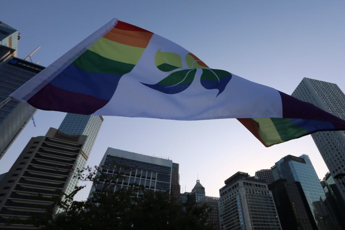 The Hong Kong SAR flag in rainbow pride colours at the 2019 Pride Parade assembly, Central on November 16. The annual march was cancelled by police amid intensifying civil unrest, but the assembly  was still authorised. Photo: Felix Wong