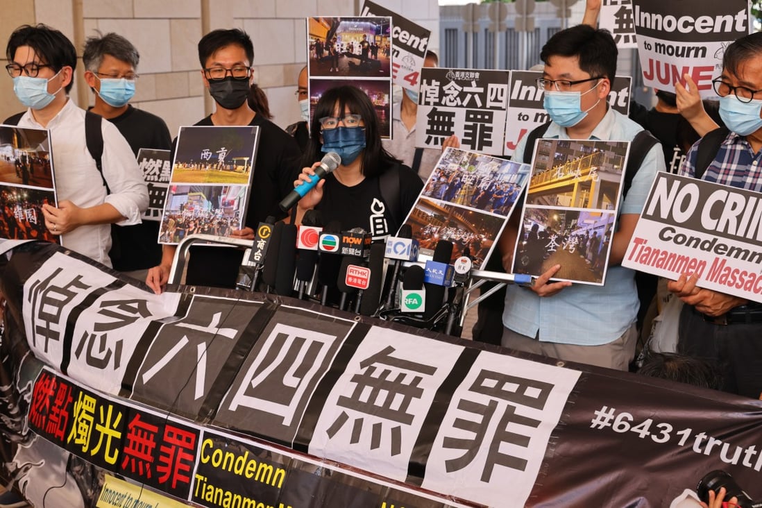 Some of the defendants charged over last year’s banned Tiananmen vigil speak to the media outside West Kowloon Court on Friday. Photo: Dickson Lee