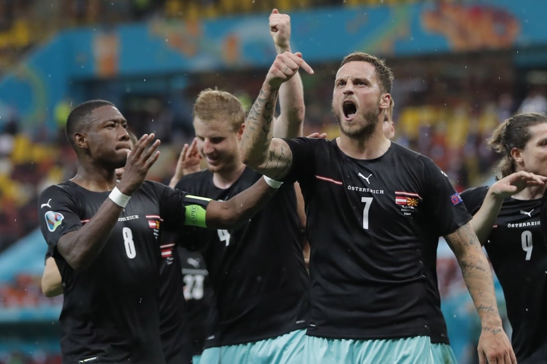 Marko Arnautovic (No 7) of Austria celebrates after scoring against North Macedonia in their opening match of Euro 2020. Photo: EPA