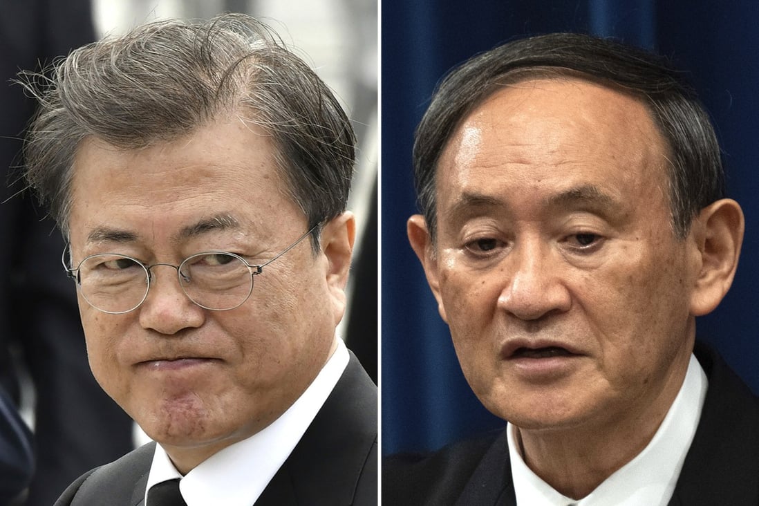 South Korean President Moon Jae-in and Japanese Prime Minister Yoshihide Suga. Photo: AP