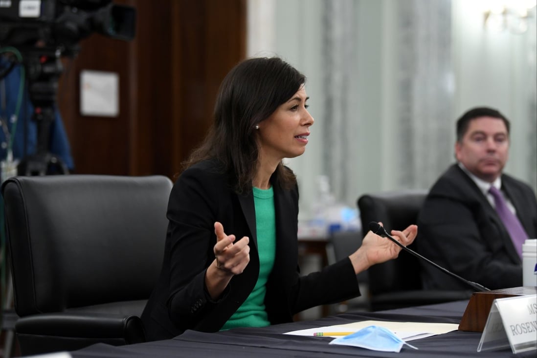 Jessica Rosenworcel answers a question during an oversight hearing held by the US Senate Commerce, Science, and Transportation Committee to examine the Federal Communications Commission on June 24, 2020. Rosenworcel is currently acting FCC chairwoman. Photo: Reuters