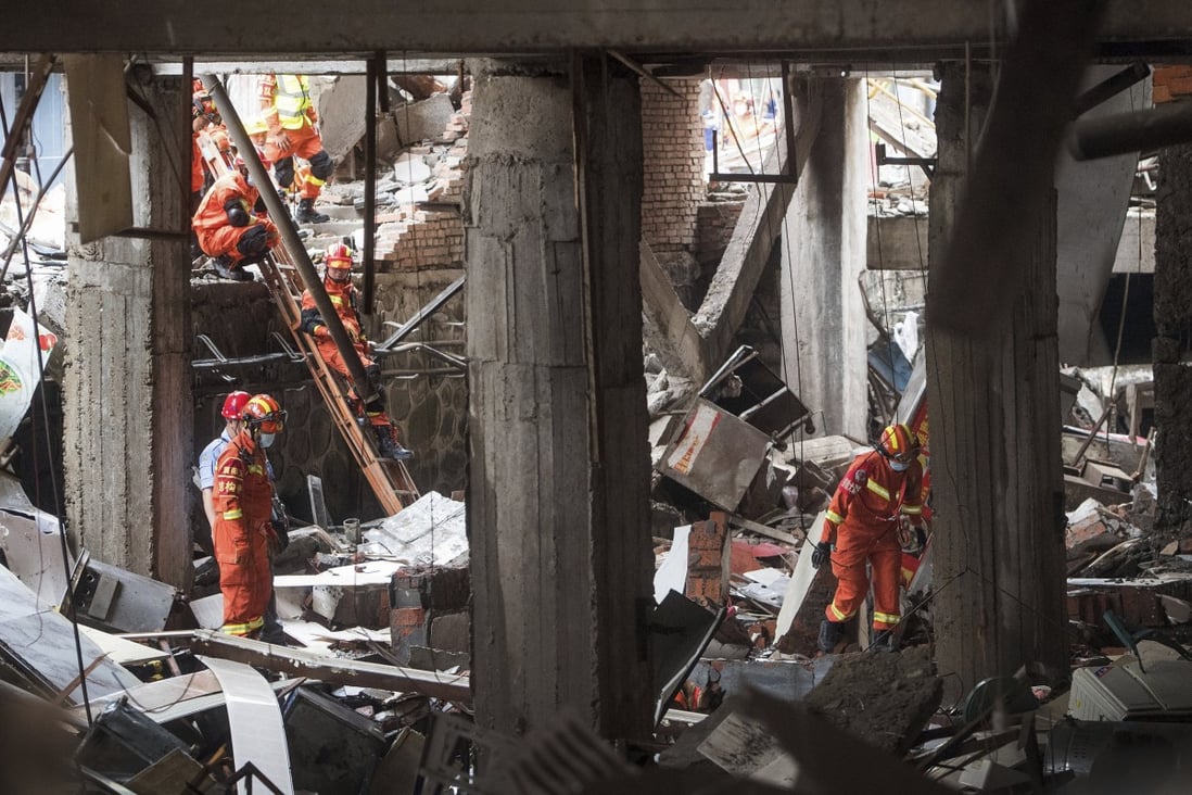 Rescue workers search for survivors in the aftermath of a gas explosion in Shiyan city in central China’s Hubei province on June 13, 2021. Photo: Xinhua via AP