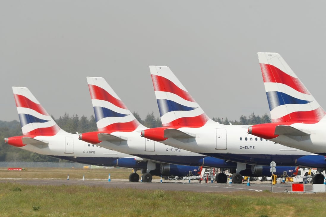 British Airways aircraft sit on the tarmac at Bournemouth International Airport in Bournemouth, England, on May 18, 2020. Hong Kong has banned all flights from the UK in an attempt to stop the spread of the Covid-19 Delta variant. Photo: Reuters