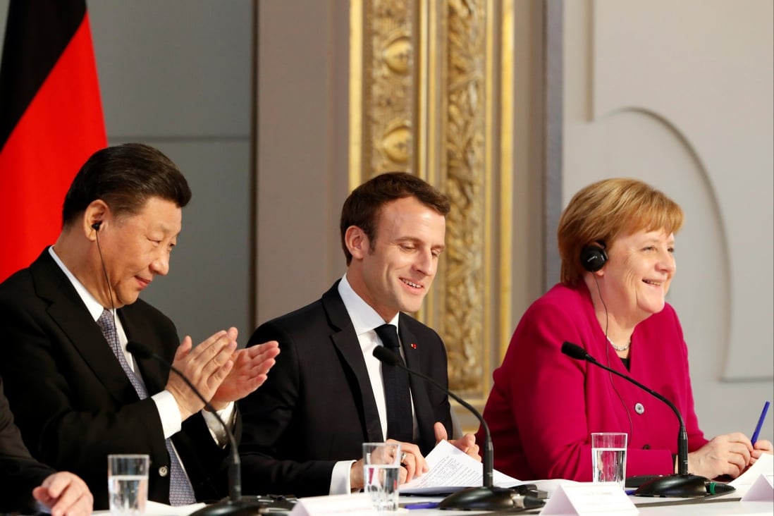 Chinese President Xi Jinping, French President Emmanuel Macron and German Chancellor Angela Merkel hold a news conference at the Elysee presidential palace in Paris on March 26, 2019. Photo: Reuters