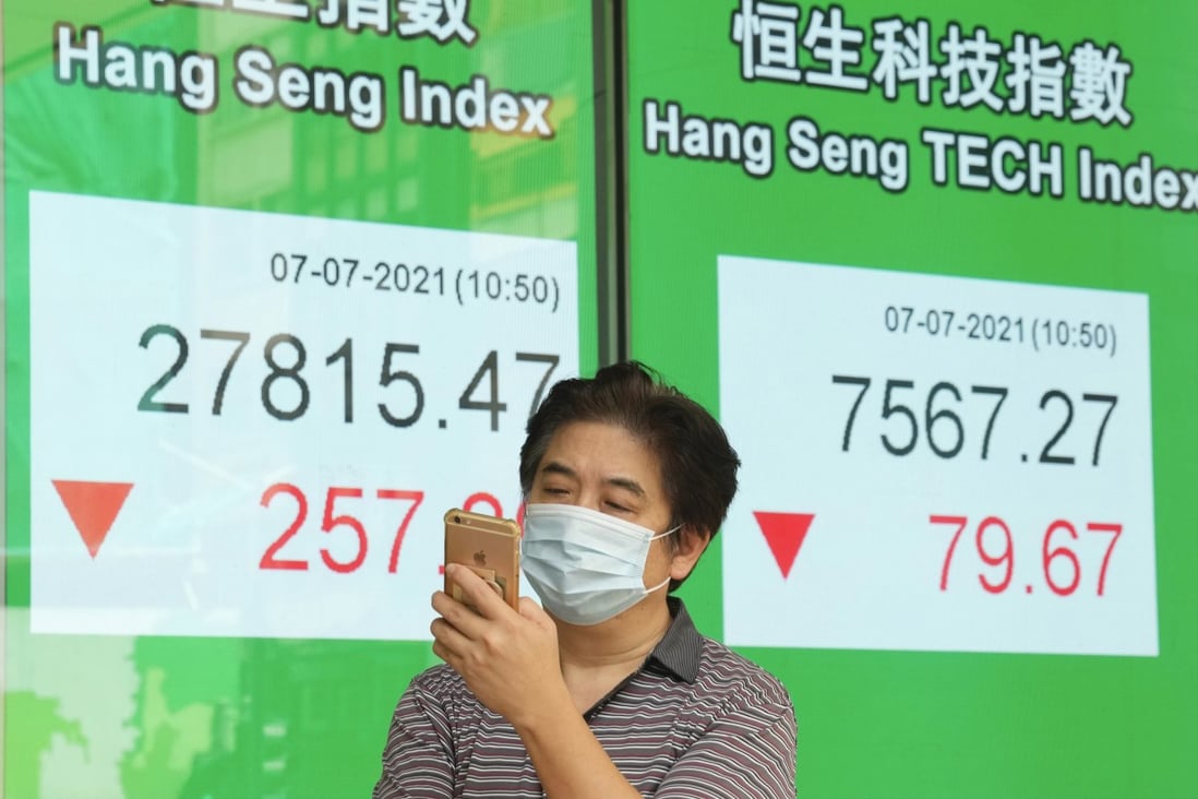 A man walks past a bank’s electronic board showing the Hong Kong share index on July 7. Photo: AP