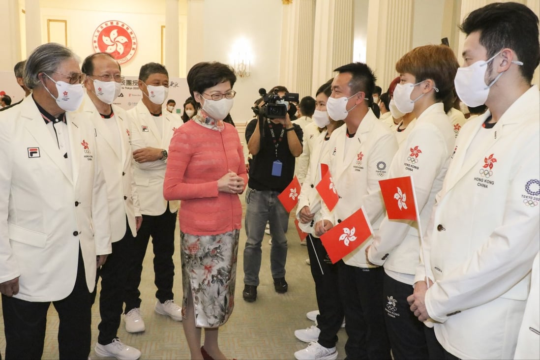Chief Executive Carrie Lam attends a flag presentation ceremony for the Hong Kong delegation to Tokyo Olympics at Government House on July 8. 
Photo: Pool Picture