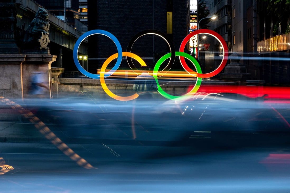 The Olympic rings in Tokyo’s Nihonbashi district on July 10. Photo: AFP