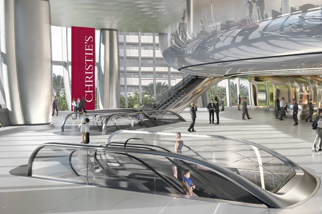 An artist’s rendering of the lobby of the Christie’s Asia headquarters as it will look when construction is complete on The Henderson, an office tower in Central, Hong Kong, designed by Zaha Hadid Architects.