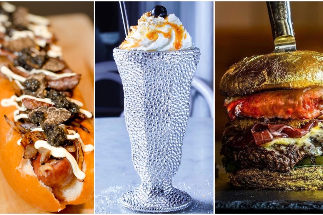 The world’s most expensive junk food: a US$169 hot dog from Seattle’s Tokyo Dog, a US$100 milkshake from New York’s Serendipity 3, and the Golden Boy Burger at De Daltons in The Netherlands, costing nearly US$6,000. Photos: Guinness World Records, @serendipity3nyc/Instagram
