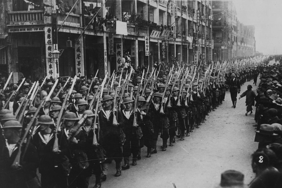 British sailors march in Hong Kong in December 1937 in a show of force as the threat of war looms. Mimi Kwa’s grandfather,  two of his wives and their children, including her father, fled Swatow for Hong Kong in the late 1930s, as she writes in her book House of Kwa. Photo: Getty Images