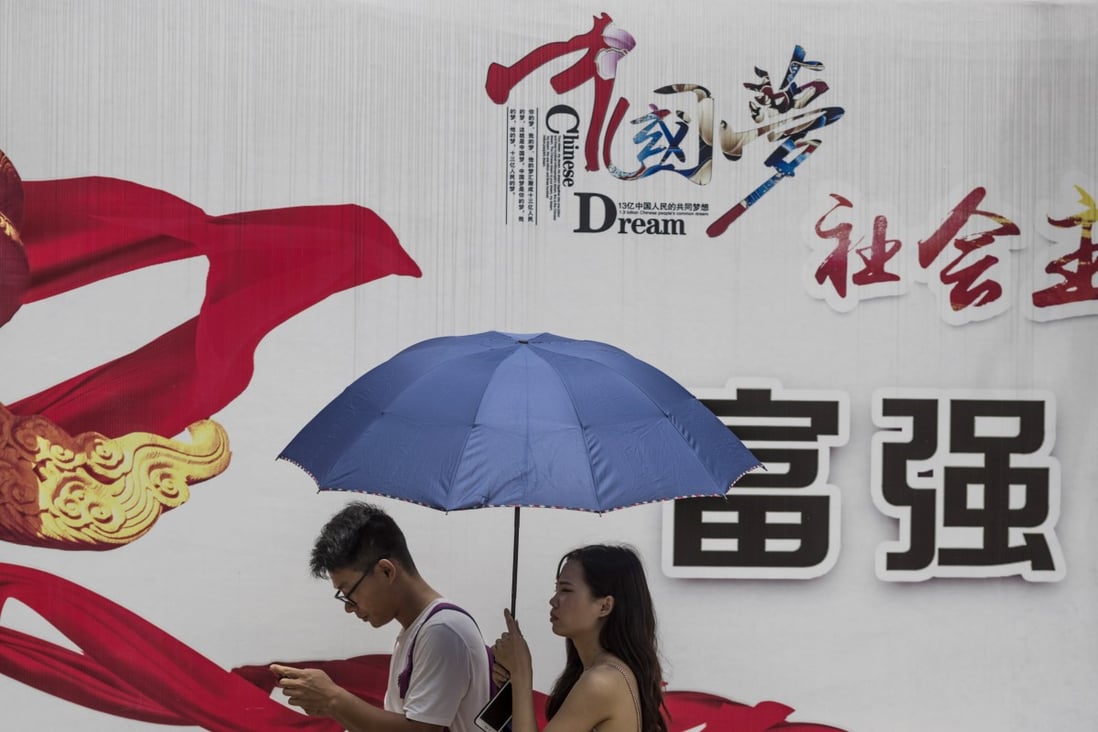 A couple walks in front of an official poster of the Chinese dream in Guangzhou, China, on July 15, 2018. Investors need to understand Beijing’s policy objectives around social equality and actively manage their positions. Photo: EPA-EFE