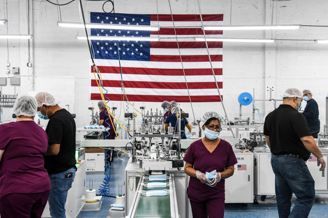 Employees make respiratory masks in a family-owned factory in Miami, Florida, on February 15. As overall demand for PPE collapses, a newly formed American Mask Manufacturers Association has begun pleading for protection, particularly against Chinese “dumping”. Photo: AFP