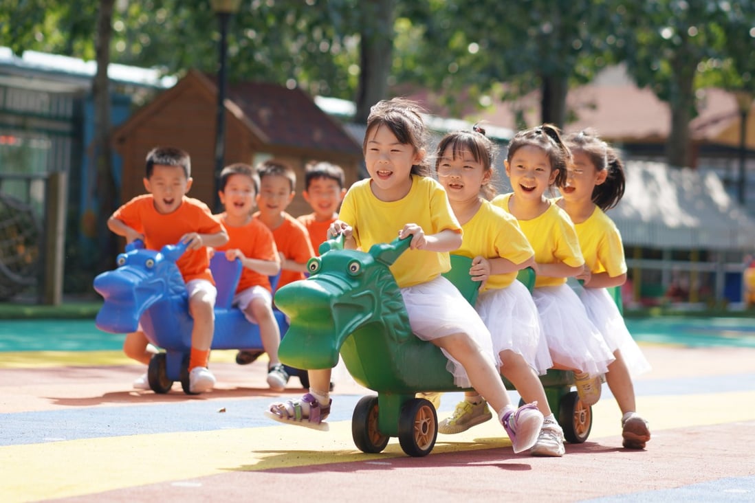 Children race against each other at a kindergarten in Neiqiu county, Xingtai, Hebei province on June 10. China’s antitrust actions reflect its socialist views, where opportunity should be equal to all. Photo: Xinhua