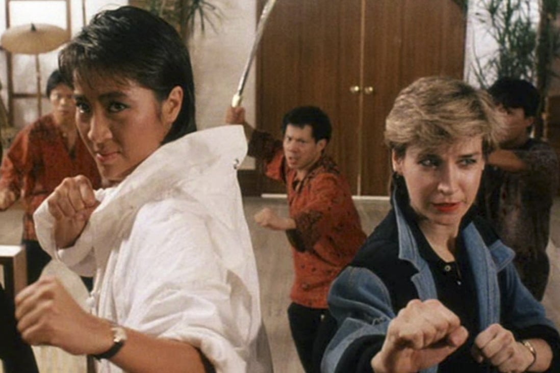 Cynthia Rothrock (right) and Michelle Yeoh in a still from Yes, Madam! (1985). Rothrock became an action star in Hong Kong after her debut in the film, which also catapulted her co-star Yeoh to fame.