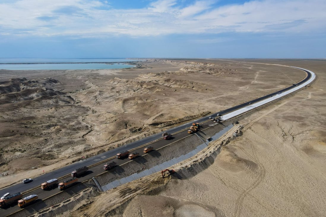 An aerial view of a construction site for a cross-desert expressway in Xinjiang, China, on July 16. China has launched its first batch of Reits, focused on the infrastructure sector. Photo: Xinhua