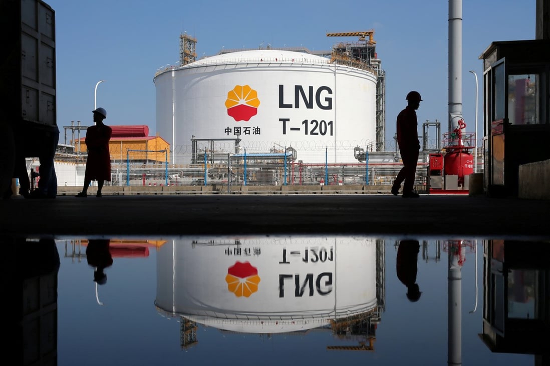 A liquified natural gas (LNG) storage tank and workers are reflected in water at PetroChina’s receiving terminal at Rudong port in Nantong, Jiangsu province, China, in September, 2018. Photo: Reuters