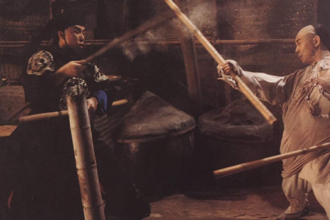 Donnie Yen (left) and Jet Li in a still from Once Upon a Time in China II (1992). Yen revealed later that there had been no choreography for their pole fight, the finale and highlight of the film.