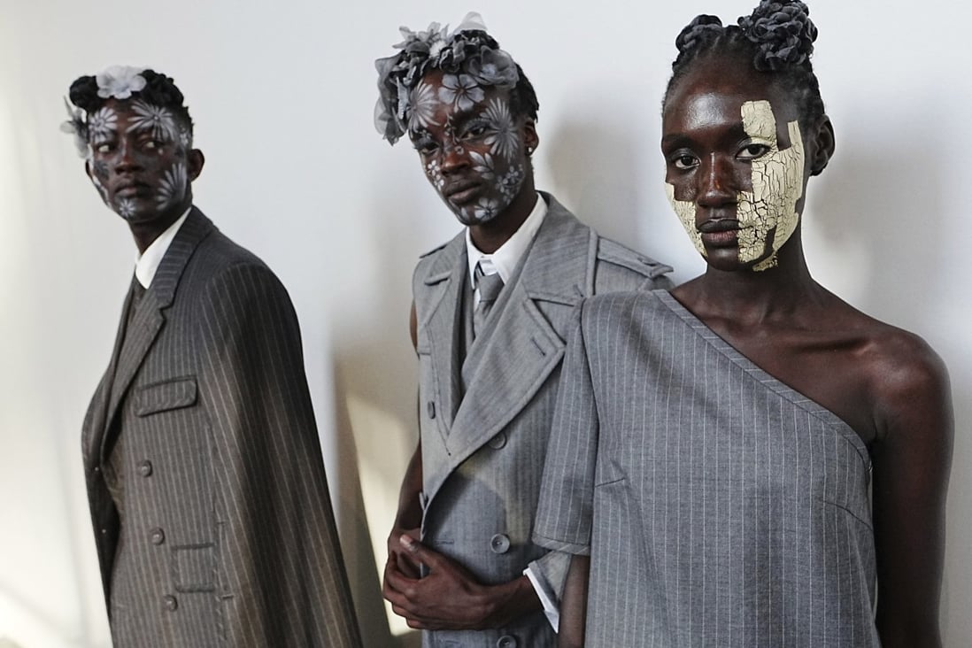 Designer Thom Browne’s spring 2020 collection, unveiled at New York Fashion Week at The Shed, on Saturday, September 11, explored classic suiting, with twists like missing pieces, asymmetrical sleeves, and various skirts for men. Photo: Invision/AP