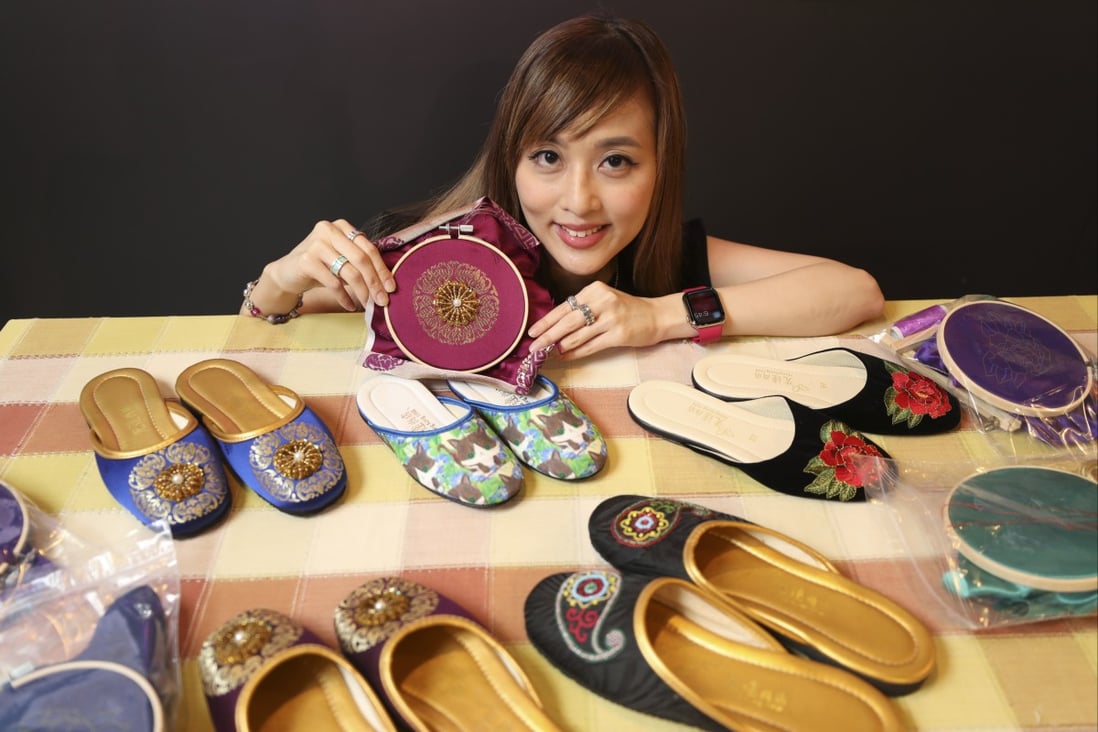 Miru Wong Ka Lam holds weekly workshops in Hong Kong for those keen to learn the vanishing art of Cantonese embroidery for shoes. Photo: SCMP/Xiaomei Chen