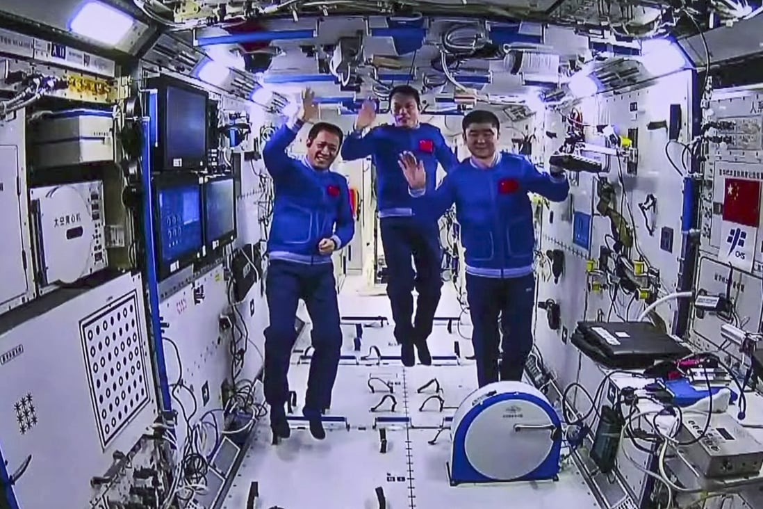 Chinese astronauts have a live chat with Hong Kong students from the Tiangong space station on September 3. Photo: Handout