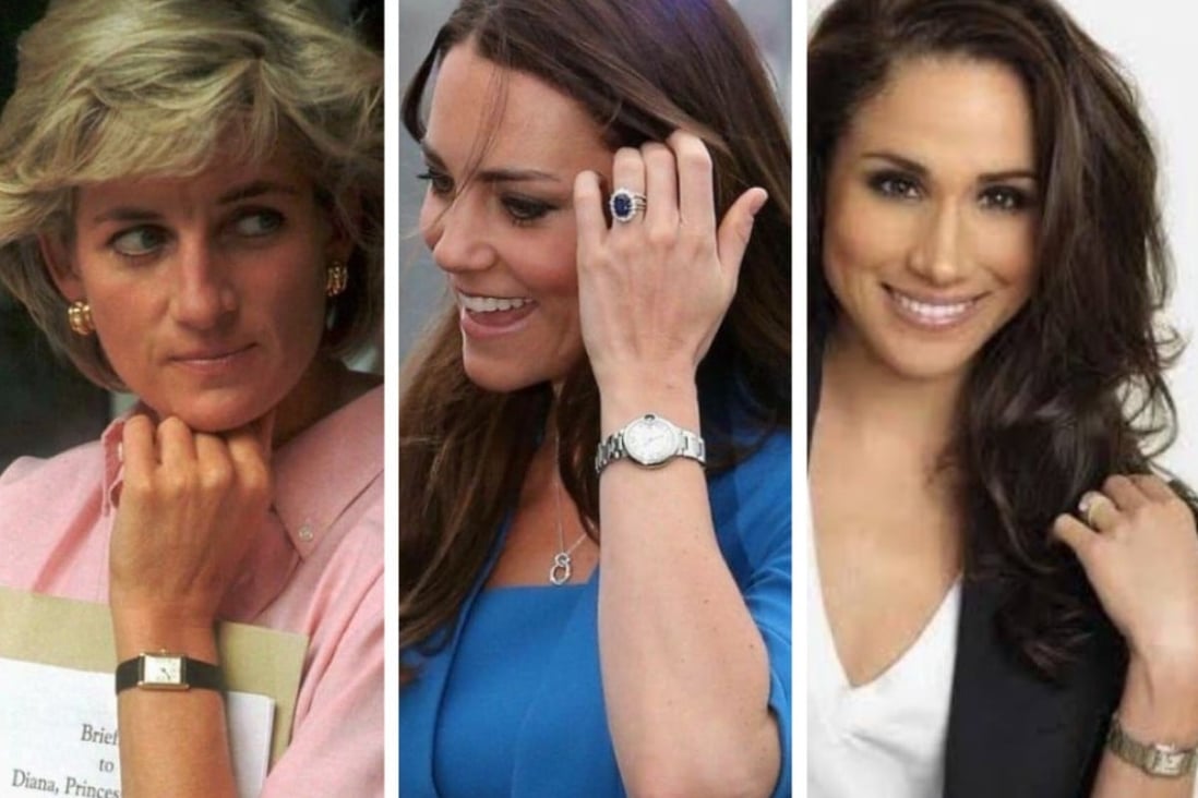 Which watches do the British royals prefer? Princess Diana was a fan of Patek Philippe, Kate Middleton and Meghan Markle wear Cartier, and Prince Harry has a Rolex Explorer II. Photos: @divineysl, @ethoswatches, SussexPrincess/Twitter, everestbands.com