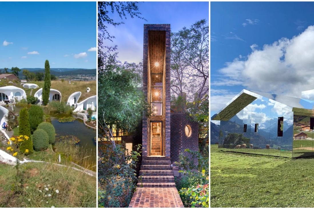 Stunning buildings that blend into their natural surroundings: Earth House Estate Lättenstrasse and Mirage Gstaad in Switzerland, and The House of the Big Arch in South Africa. Photos: Earth House Estate Lättenstrasse, Frankie Pappas, @surrrsurrr/Instagram