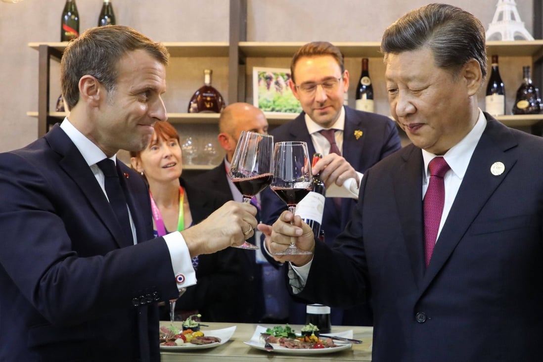French President Emmanuel Macron and Chinese President Xi Jinping taste wine as they visit France’s pavilion during the China International Import Expo in Shanghai on November 5, 2019. Nothing is more conducive to unity and even marriages of convenience among different bedfellows than the emergence of a common enemy. Photo: AFP