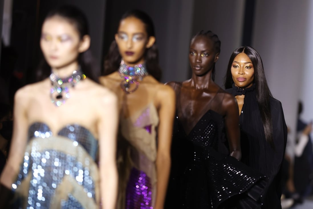 British model Naomi Campbell and others present creations from the spring/summer 2022 ready-to-wear collection by designer Bruno Sialelli for Lanvin fashion house during Paris Fashion Week, in Paris, France, on October 3. Photo: EPA-EFE