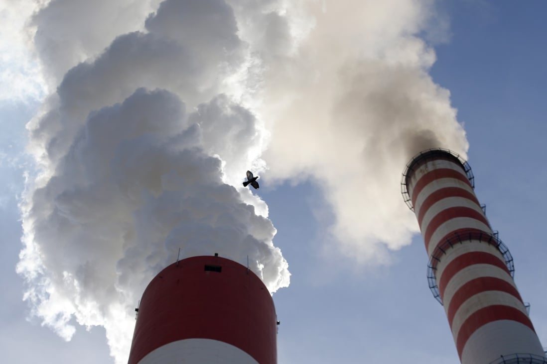 A bird flies past smoke from the chimney of a coal-fired power station. Photo: AP