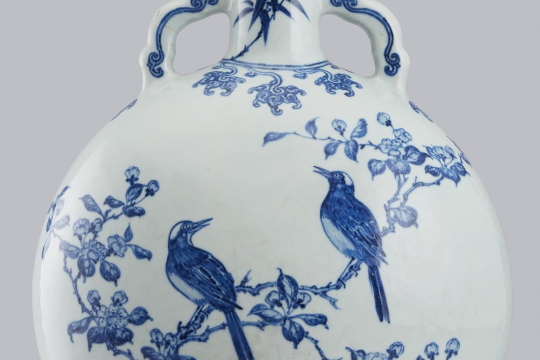 An underglaze blue porcelain moon flask, from the Qing dynasty’s Yongzheng period (1723-1735), part of the collection of Winchester College and featured in an exhibition to celebrate the centenary of the Oriental Ceramics Society.