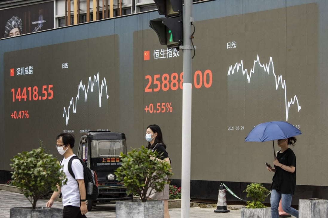 Pedestrians walk past a public screen displaying the Shenzhen Stock Exchange and the Hang Seng Index figures in Shanghai, on August 18. It has been a rocky third quarter for Chinese equities. Photo: Bloomberg
