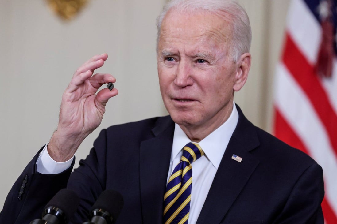US President Joe Biden holds a chip as he speaks at the White House in Washington on February 24 amid a semiconductor shortage. Given the US’ dominance in semiconductor technology, it can inflict heavy damage on China, but at what cost to itself? Photo: Reuters