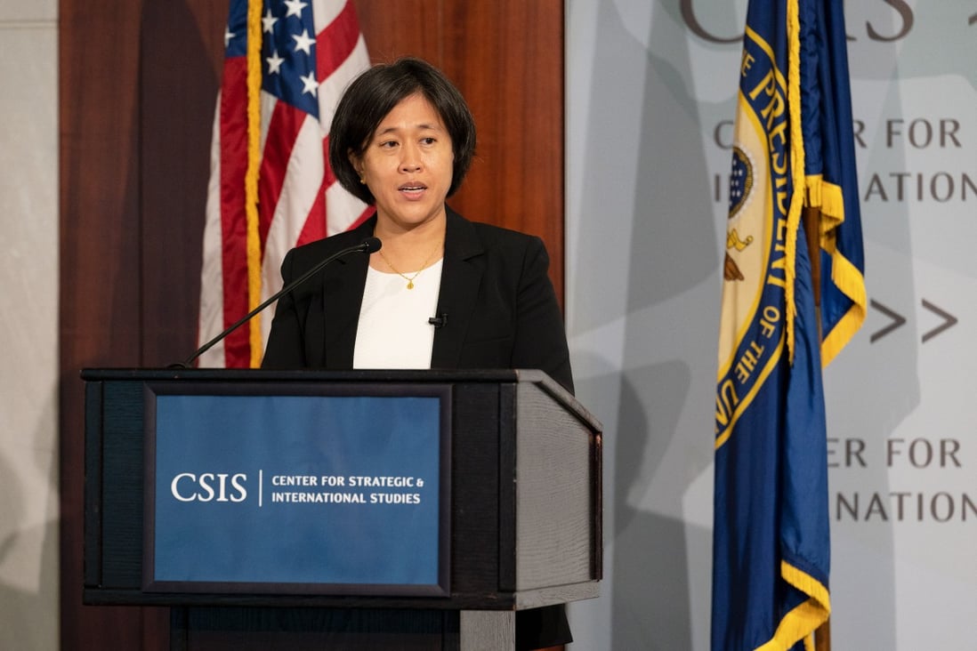 US Trade Representative Katherine Tai speaks at the Center for Strategic and International Studies in Washington on October 4. She failed to dispel concerns that the US might launch a probe into Chinese industrial subsidies, which could lead to more tariffs. Photo: Bloomberg 